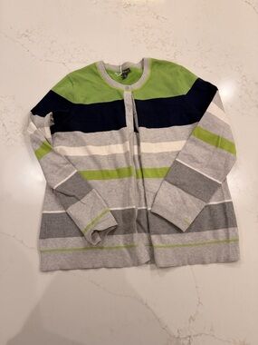 Eddie Bauer Women’s XL Striped Cardigan Green Gray Navy Button Front Sweater